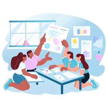 A group of school girls is collaborating on a poster project in a colorful classroom. The girls are gathered around a table covered with art supplies, including markers, colored pencils, and sheets of paper. One girl is holding up a large poster filled with bright designs and handwritten text. Another girl is kneeling on the floor, sketching ideas on a notepad. The classroom walls are adorned with various educational posters and children’s artwork. Sunlight streams in through the windows, illuminating the lively scene.