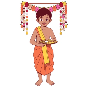 A young boy dressed in traditional attire stands confidently, showcasing a vibrant orange dhoti and a matching kurta. His hair is neatly styled, and he is adorned with a simple yellow scarf draped across his shoulder. The boy's eyes gleam with pride and excitement as he holds a small brass plate filled with ritual items in his hands. Behind him, a colorful floral garland hangs, enhancing the festive atmosphere. The setting conveys a sense of cultural significance and joy surrounding the Upanayanam ceremony.