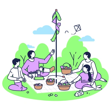 A group of families is gathered for a picnic on a grassy meadow. Children are playing near a tall maypole, decorated with colorful ribbons flowing in the gentle breeze. There are several picnic blankets spread out on the ground, adorned with baskets filled with food such as sandwiches, fruits, and beverages. Adults are sitting on the blankets, engaging in conversation and laughter. In the background, trees provide shade, and a blue sky is visible with a few fluffy clouds. Some children are dancing around the maypole, while others are flying kites nearby.