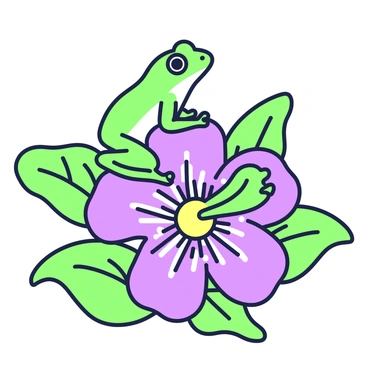 A tree frog is perched on a vibrant tropical flower. The frog is in the process of changing its color, showcasing a smooth transition from a bright green to a deeper shade that matches the petals of the flower. The flower features large, intricate petals with various designs and textures. Surrounding the frog and flower, there are lush green leaves that create a natural backdrop. The scene captures the moment of transformation, highlighting the frog's unique ability to blend into its environment.