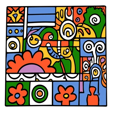 A complex mosaic pattern featuring an array of vibrant colors including reds, blues, greens, and yellows. The design includes intricate geometric shapes and detailed motifs, arranged in a harmonious layout. Small sections of the mosaic are filled with unique patterns such as spirals, dots, and floral elements. The overall effect is a lively and engaging composition, showcasing the meticulous work of markers in creating rich textures and depth within the mosaic.