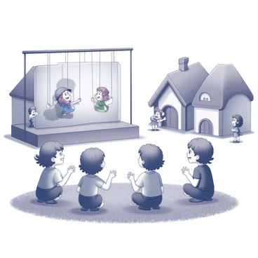 Hobbit children watching a puppet show with wide-eyed wonder in a town square