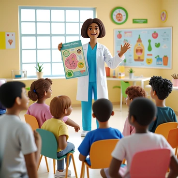 A cheerful pediatrician with light skin and short brown hair, wearing a bright blue scrub top and a colorful lab coat. She is standing in a brightly lit room filled with playful decorations. The walls are adorned with colorful medical illustrations, including smiling fruits and vegetables, cartoonish germs, and happy anatomical diagrams. The pediatrician is smiling widely as she holds up a large, vibrant poster depicting healthy habits, while a group of children of diverse backgrounds are gathered around her, listening attentively.