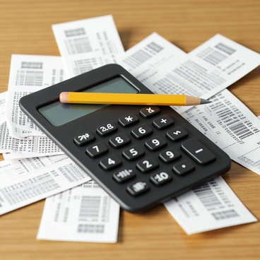 A close-up view of a digital calculator with a sleek black body, its buttons slightly worn from use. The calculator's screen displays a series of numbers, indicating recent calculations. Surrounding the calculator are several crumpled paper receipts, featuring printed text and barcodes, spilling chaotically over a wooden desk surface. A sharpened yellow pencil, resting diagonally on top of the calculator, has an eraser that is slightly worn down, completing the disorganized yet functional scene.