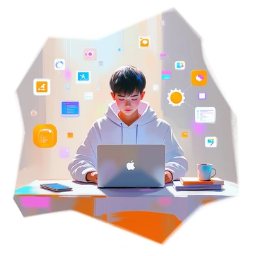 A teenager with short, dark hair, wearing a comfortable hoodie, sits at a desk focused on coding on a sleek laptop. The room is softly lit, with a few books and a smartphone scattered around the workspace. Surrounding the teenager are numerous floating digital icons, including symbols representing various apps and software, such as a gear for settings, a chat bubble for messaging, and a cloud for storage, creating a dynamic and engaging atmosphere. The laptop screen glows with lines of code, reflecting the teenager's concentration and creativity.
