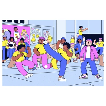 A group of breakdancers is performing dynamic moves on a city street. The dancers are in varied poses, showcasing their skills with impressive spins and freezes. The ground is covered with a textured concrete surface. Surrounding them are vibrant graffiti murals on the walls, depicting colorful characters and abstract designs. A few spectators can be seen in the background, watching the performance with interest. The atmosphere is lively and energetic, capturing the essence of urban street culture.
