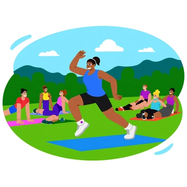 A fitness instructor wearing a bright blue tank top and black shorts is leading an outdoor bootcamp session in a park. The instructor is demonstrating a jumping jack with an enthusiastic expression. Around the instructor, a group of participants of various ages and body types are performing exercises such as push-ups, squats, and lunges on colorful exercise mats. The scene is filled with green grass, trees in the background, and a clear blue sky overhead. Some participants are smiling, while others are focused on their workouts, creating a lively atmosphere.