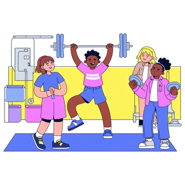 A group of three young athletes are inside a community sports center. The first athlete, a girl with short brown hair, is lifting a barbell above her head with a focused expression. The second athlete, a boy with curly black hair, stands beside her, gesturing with his hand and smiling in encouragement. The third athlete, a girl with long blonde hair, is preparing to lift a dumbbell and is looking at the first athlete with admiration. The walls of the sports center are painted in bright colors, and there are various gym equipment and weights placed around them.