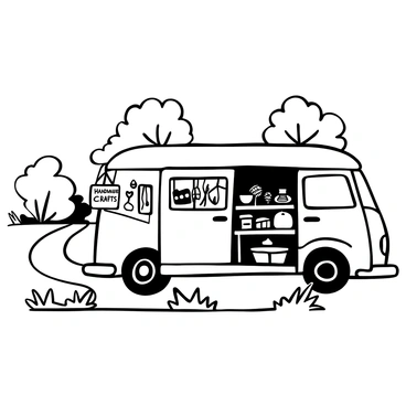 A white van parked at the edge of a country road, with the back doors open, revealing an array of handmade crafts displayed on wooden tables. Various items such as woven baskets, pottery, and handmade jewelry are neatly arranged. Lush green grass surrounds the van, and a wooden sign with the words "Handmade Crafts" hangs from the side of the van. A few trees are positioned in the background, their branches gently swaying in the breeze. A winding dirt path leads up the road, inviting passersby to explore the craft display.