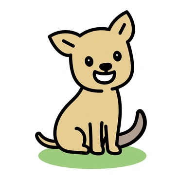 A small brown dog with a cheeky grin, showing its white teeth. Its ears are perked up, standing straight and alert. The dog has bright, expressive eyes and a wagging tail. It is sitting on green grass, with a soft patch of sunlight illuminating its fur.