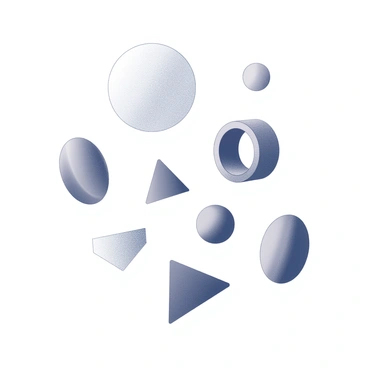 A collection of geometric shapes in varying sizes and forms, such as circles, triangles, and squares, are suspended in an expansive space. These shapes are oriented in different directions, creating a sense of movement and dynamism. Some elements appear to overlap slightly, enhancing the perception of depth. The background is a smooth gradient, providing a stark contrast to the shapes, emphasizing their floating presence in this open environment.