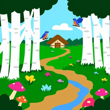 A dense, enchanting forest filled with tall, slender birch trees with white bark and dark green leaves. Faint glimmers of light peek through the foliage, suggesting a mystical atmosphere. In the foreground, a winding path covered in soft moss leads deeper into the woods. Colorful mushrooms with spots are scattered along the path, and a small stream flows gently nearby, reflecting the surrounding flora. A pair of vibrant bluebirds are perched on a branch, singing melodiously. In the distance, a traditional wooden hut with a thatched roof can be seen peeking through the trees, surrounded by flowers in various colors. The scene conveys a sense of wonder and magic, drawing the viewer into its beauty.