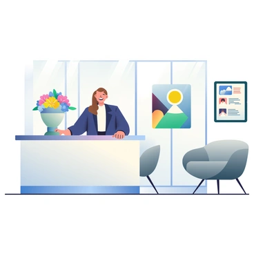 A sleek corporate reception area features a modern front desk with a polished surface. Behind the desk, a friendly receptionist with light brown hair is smiling and wearing a dark blue blazer. She is standing beside a large vase filled with vibrant flowers. The reception area is well-lit, with large glass windows allowing natural light to stream in. There are contemporary seating arrangements with plush chairs in neutral tones, and a tasteful piece of abstract artwork is displayed on the wall. A digital information screen is mounted nearby, showcasing company announcements.