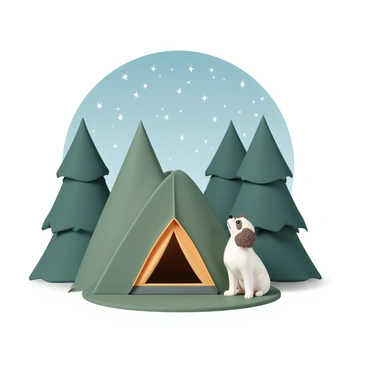 A small cavapoo, with fluffy brown and white fur, is sitting beside a cozy tent. The tent is green with a bright orange entrance, pitched on a grassy area. The dog is looking up, its ears perked with curiosity. Above, a clear night sky is filled with countless twinkling stars. The silhouette of tall pine trees surrounds the campsite, providing a natural backdrop. A gentle breeze rustles the leaves, creating a peaceful atmosphere.