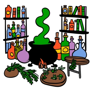 A bubbling cauldron surrounded by potions and herbs in a witch's lair