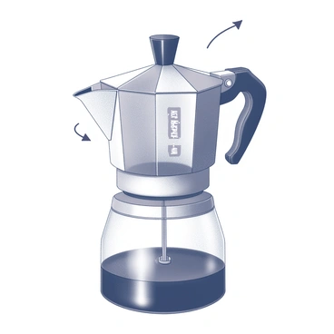 A detailed scientific illustration of a moka pot, showcasing its inner components. The image includes the water chamber at the bottom, the coffee grounds filter basket in the middle, and the upper coffee chamber at the top. Each part is clearly labeled with "water chamber," "filter basket," and "coffee chamber." The moka pot has a distinctive curved shape and a spout for pouring coffee, which is also labeled. An arrow indicates the flow of water as it transforms into steam and rises through the filter to brew coffee. The entire illustration is presented in a monochrome style, emphasizing the intricate design and functionality of the moka pot.