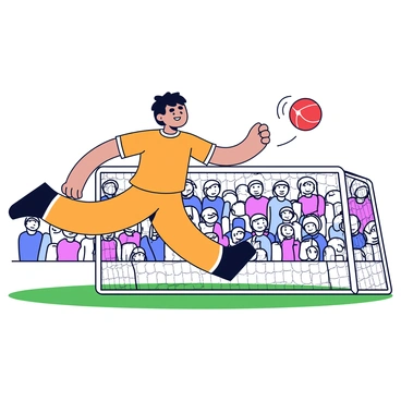 A goalkeeper is positioned in front of a large, circular goal. The goalkeeper wears a bright orange uniform and has a determined expression on their face. They leap into the air, stretching out their arms to block a flying red quaffle. The quaffle is halfway to the goal, with a slight blur indicating its speed. The background features a grassy pitch and stands filled with spectators, all focused on the action.