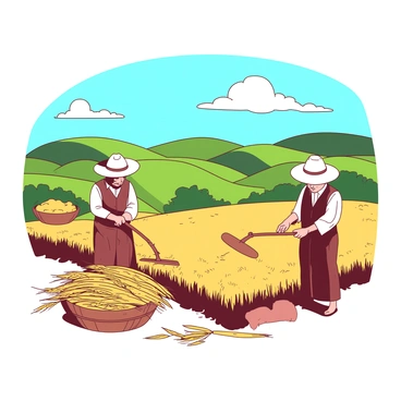 A group of farmers wearing wide-brimmed hats is harvesting golden wheat in the fertile fields surrounding "Bethlehem." The farmers are using traditional handheld sickles to cut the stalks, while several baskets filled with freshly cut wheat lie nearby. In the background, rolling green hills create a lush landscape under a bright blue sky. A few fluffy white clouds float gently above, adding depth to the scene. The warm sunlight casts soft shadows across the fields, enhancing the vibrant colors of the harvest.