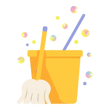 A cute mop leaning against a bright yellow bucket, surrounded by soap bubbles