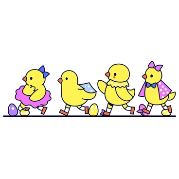 A group of small chicks confidently strutting down a runway. Each chick is dressed in a unique, colorful costume featuring bright patterns and playful accessories. One chick is wearing a fluffy pink tutu, while another sports a vibrant blue bowtie. A third chick has on a yellow cape decorated with polka dots. The runway is lined with small easter eggs and flowers, enhancing the festive atmosphere of the fashion show.