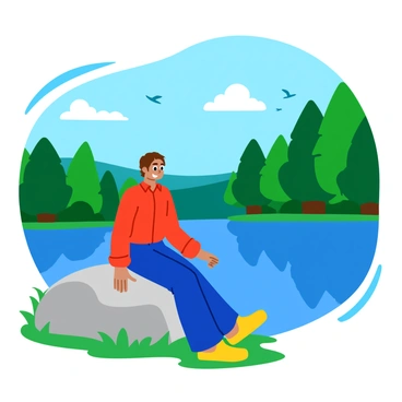 A person sitting on a large gray rock beside a calm blue lake. The lake reflects the surrounding lush green trees and the clear blue sky. The person has short brown hair and is wearing a bright red shirt and blue jeans. They have a relaxed posture, leaning slightly back on the rock with their hands resting on their knees. Sunlight filters through the leaves of the trees, casting playful shadows on the ground. A few birds can be seen flying in the distance above the lake.