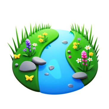 A gentle stream flowing through a vibrant green meadow. The water glimmers under sunlight as it winds its way among a variety of colorful wildflowers in shades of yellow, purple, and pink. The meadow is rich with tall grass swaying slightly in a light breeze. Small rocks are partially immersed in the water, and a few butterflies can be seen fluttering around the flowers.