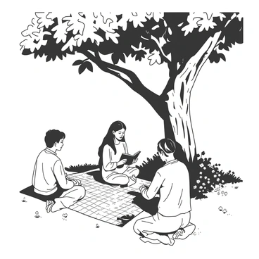 A small group of four individuals is gathered under a large leafy tree with a sturdy trunk. Two women are sitting on a checkered blanket spread on the grass, while a man stands beside them, holding a small book in his hands. Another man is kneeling in front of them, looking up at the tree. The sun is casting dappled shadows on the ground, creating a peaceful atmosphere. Various wildflowers are scattered around the base of the tree, adding a touch of color to the scene. The group appears focused and serene, waiting to start their outdoor prayer service.