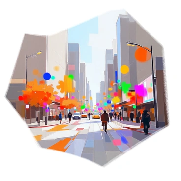 A grayscale urban landscape photo featuring tall buildings, busy streets, and pedestrians is layered with bold and colorful abstract illustrations. Swirls of vibrant colors like red, blue, yellow, and green intertwine and overlap, creating a dynamic contrast against the muted tones of the city. Shapes such as circles, triangles, and splashes of paint are integrated into the scene, adding layers of depth and energy. The abstract elements flow across the image, enhancing the urban setting while maintaining a balance between the realistic cityscape and the vibrant illustrations.
