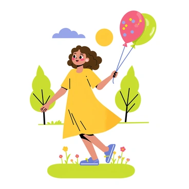 A young girl with curly brown hair is standing in a sunny park. She is wearing a bright yellow dress that flows gently in the breeze. In her right hand, she is joyfully holding a large, colorful balloon that has vibrant patterns and shades of red, blue, and green. Around her, there are green trees with lush leaves and a clear blue sky above. The sun is shining brightly, casting soft shadows on the grass beneath her feet. There are a few small flowers blooming in the grass nearby, adding more color to the scene.