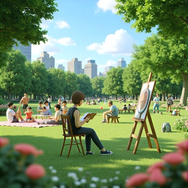 An illustrator drawing a lively scene of people enjoying Central Park