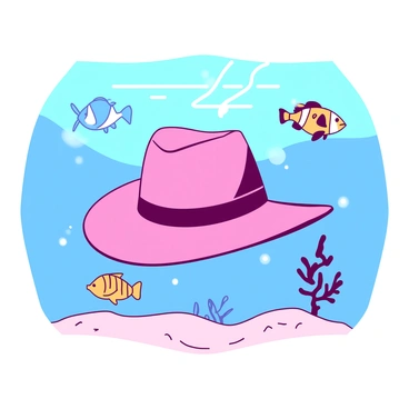 An underwater scene features a pink hat floating gently in the water. Surrounding the hat, various colorful fish swim gracefully, including a bright yellow clownfish, a vibrant blue tang, and a playful orange angelfish. Sunlight filters down from the water's surface, creating a shimmering effect on the sand below. Small bubbles rise around the hat, adding to the tranquil atmosphere of the underwater world.