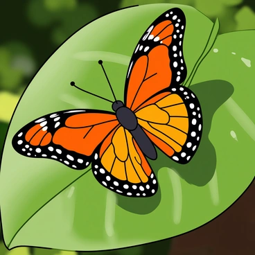 A colorful butterfly with vibrant orange and black wings is resting on a large green citron leaf. The sunlight casts soft shadows, highlighting the intricate patterns on the butterfly's wings. The leaf is shiny and has a few drops of dew glistening in the sunlight. The background features blurred hints of other green foliage, emphasizing the butterfly's delicate presence on the leaf.