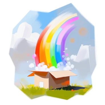 An open box sits on a grassy surface, with vibrant colors cascading out of it in a spectacular display. The colors are vividly bright and form a swirling arch that stretches into the sky. Each hue blends seamlessly into the next, creating a striking rainbow effect. The sky above is a clear blue, providing a beautiful contrast to the lively colors emerging from the box. The scene captures the dynamic movement of the colors as they rise and disperse into the atmosphere.