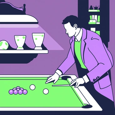 A gentleman in a tailored suit is playing billiards in a stylish, dimly lit game room. He stands by a green billiard table, focusing intently on his next shot. The table is neatly covered with a bright green felt surface, and several polished billiard balls are arranged in a triangle at one end. The gentleman holds a cue stick in his right hand, poised to strike the cue ball. Soft light emanates from a stylish lamp hanging above the table, casting subtle shadows in the room. Behind him, there are wooden shelves lined with various trophies and vintage billiards memorabilia.