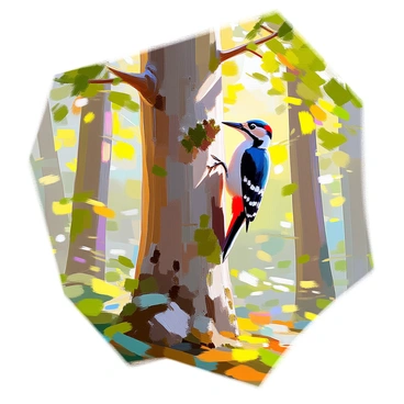 A woodpecker with distinct black and white feathers is actively pecking at the rough bark of a tall tree trunk. The tree is sturdy and textured, displaying deep grooves and patches of moss. Surrounding the tree is a vibrant forest backdrop filled with lush green foliage, various shades of leaves, and dappled sunlight filtering through the branches. In the distance, additional trees create a sense of depth, enhancing the lively atmosphere of the forest.