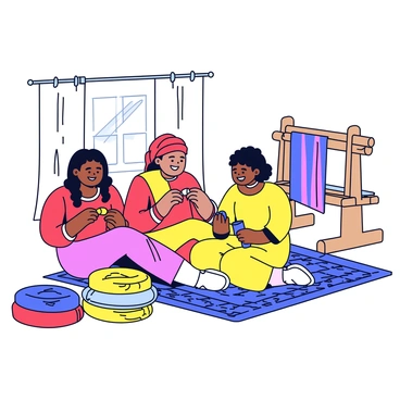 A scene showing "Kartini" sitting on a woven mat with her sisters. They are engaged in weaving traditional fabrics, each holding a colorful thread in their hands. The sisters are smiling and interacting warmly, surrounded by bundles of vibrant fabrics in hues of red, blue, and yellow. In the background, there is a wooden loom, and the setting has a cozy, homey atmosphere with soft natural light streaming in.
