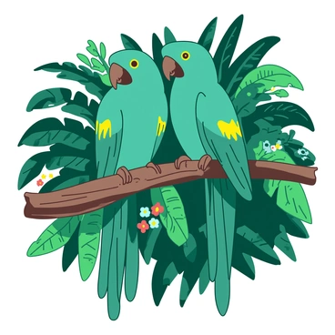 Two teal macaws are perched side by side on a sturdy brown branch. The macaws have bright yellow accents on their wings and tails, showcasing their vibrant plumage. Surrounding them is dense, lush greenery, with various shades of green leaves and ferns creating a rich backdrop. The branch is thick and textured, adding depth to the scene, while small glimpses of colorful tropical flowers peek through the foliage.