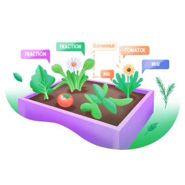 A garden plot featuring several distinct sections, each one neatly divided to showcase varying fractions of plants. One section displays vibrant green leafy vegetables, such as spinach and lettuce, while another section is filled with colorful flowers, including daisies and marigolds. A third section showcases sturdy tomato plants bearing ripe fruit, while the last section contains herbs like basil and rosemary. Each section is labeled with clear, bold text indicating the fraction it represents, creating an organized and educational display.