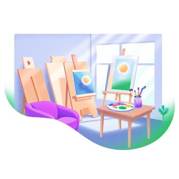 A modern pastel illustration of an artist's studio. The room features several boards of varying sizes leaning against a light-colored wall. There is a large easel positioned in the center, holding a colorful canvas that depicts an abstract painting. Nearby, a wooden table is cluttered with paint tubes, brushes in a jar, and a palette smeared with vibrant colors. Sunlight streams through a large window, illuminating the space and casting soft shadows across the floor. A comfortable chair sits in one corner, inviting creativity and inspiration.