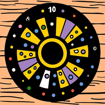 A dartboard with a circular design featuring vibrant, colorful numbers arranged around the edge. Each number is adorned with unique patterns, including stripes, polka dots, and swirls. The center of the dartboard is a bold black bullseye, contrasting sharply with the bright colors surrounding it. The background is a simple wooden texture, emphasizing the intricate details of the dartboard.