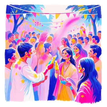 A Holi festival scene features a lively crowd of people joyfully throwing vibrant colored powders at each other. The individuals are wearing traditional attire, with men in white kurta-pajamas and women in colorful sarees. Some people have their faces and hair covered in bright hues of pink, green, yellow, and blue. In the background, there are decorations made of flowers and colorful banners hanging from trees. A few people are holding water guns filled with colored water, adding to the festive atmosphere. Everyone is smiling and laughing, embodying the spirit of celebration.
