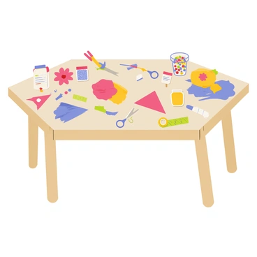 A small craft table with colorful papers and craft supplies scattered across it