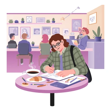 An artist sketching character designs in a bustling cafe with coffee and pastries on the table