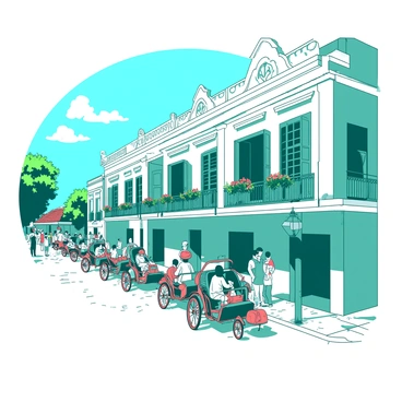 A vibrant street in Georgetown features colonial-style buildings with intricate architectural details in shades of white and teal. The buildings have large wooden shutters and ornate balconies adorned with colorful flowers. Along the street, several trishaws in bright colors are parked, with their drivers waiting nearby. The cobblestone sidewalk is bustling with pedestrians, some stopping to admire the buildings while others are chatting. In the background, a clear blue sky complements the lively atmosphere of this historic area.