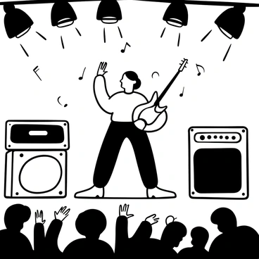 A musician confidently standing on stage, holding an instrument with one hand and a microphone with the other. The musician is surrounded by amplifiers and speakers, with musical notes floating in the air around them. An enthusiastic audience is visible in the foreground, with hands raised and some people dancing, creating a lively atmosphere. The background features spotlights shining down onto the stage and creating a dynamic visual effect.