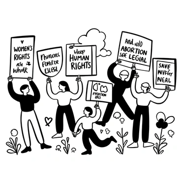 A collection of protest banners displayed in a public space. Each banner features distinct slogans like "Women's Rights Are Human Rights" and "Keep Abortion Safe and Legal," written in bold lettering. Some banners are adorned with symbols such as a heart or the female gender symbol. The scene includes individuals holding the banners, standing in solidarity, with raised fists. There are various items like flowers and pins that symbolize support scattered around. The background shows a cityscape with a hint of trees and buildings.