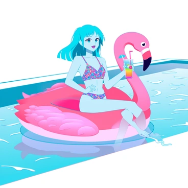 A young anime girl with bright blue hair and large, expressive eyes is lounging by a shimmering pool. She is wearing a vibrant, patterned swimsuit that complements her playful personality. In her hand, she holds a tall glass filled with a colorful, refreshing drink adorned with a tiny umbrella and a slice of fruit. The sun is shining brightly, casting sparkling reflections off the water's surface. The girl is relaxed against a plush, oversized pool float shaped like a flamingo, creating a cheerful atmosphere around her.
