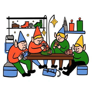 A group of elves with light skin and pointy ears working on shoes in a cozy workshop. Each elf is wearing a colorful little hat in shades of red, blue, green, and yellow. They are focused on their tasks, one elf is stitching a shoe while another is polishing a boot. The workshop is filled with various tools and materials for shoe-making. There are shelves lined with finished shoes in different styles, and the bright colors of the hats create a cheerful atmosphere.