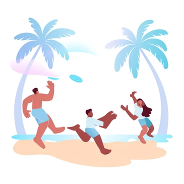A group of three people is playing frisbee on a sandy beach. One person is in mid-action, reaching out to catch the frisbee while another is in a throwing stance. The third person is running towards them, arms extended in excitement. In the background, tall palm trees are swaying gently in the breeze, their fronds casting soft shadows on the ground. The sky is filled with gradient pastel colors, blending hues of pink, orange, and blue, creating a vibrant atmosphere above the scene. Soft waves gently lap at the shore, completing the tropical setting.