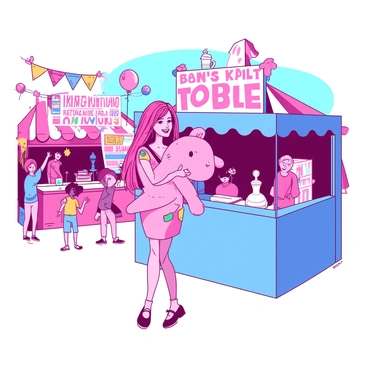 A pink Barbie is standing in front of a vibrant blue booth at a fair, smiling as she holds a large stuffed animal prize in her arms. She is wearing a bright, playful outfit adorned with colorful patterns. In the background, there are several other booths decorated with multicolored banners and balloons. A group of children can be seen nearby, happily playing games and cheering. The atmosphere is lively and festive, with various prizes displayed prominently at each booth.